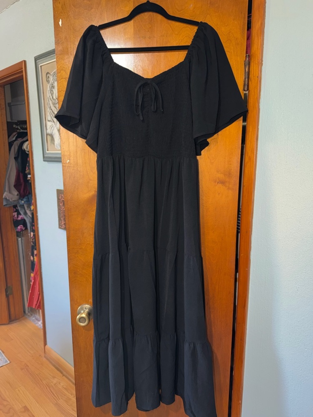 Black Smocked Midi Dress with Flutter Sleeves
